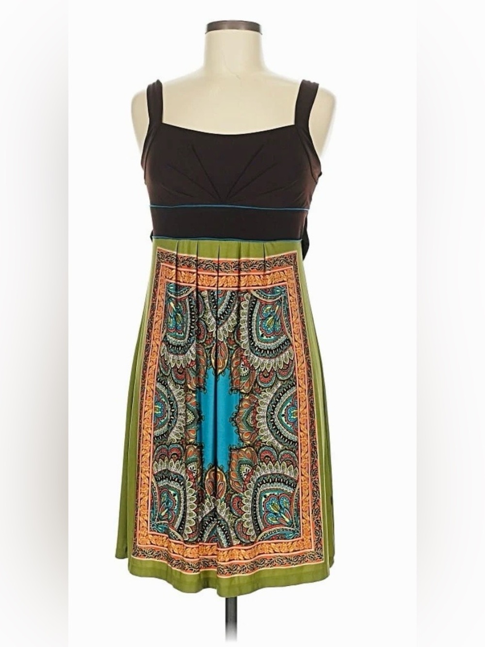 Saint Tropez West  - Brown Bodice w/ Empire Waist Bright Paisley Print Dress - 8